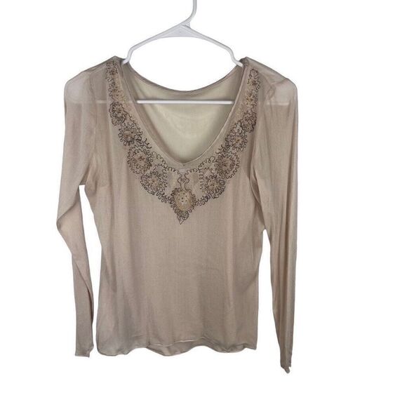 Vintage Y2K Intuitions Mesh‎ Baby Pink Beaded  Silk Long Sleeve Top Size S - Picture 1 of 8